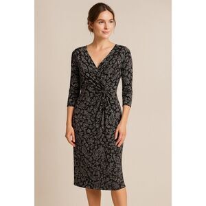 Garnet Hill Black Floral Print Ruched Wrap Dress Size M 3/4 Sleeve Knee Length